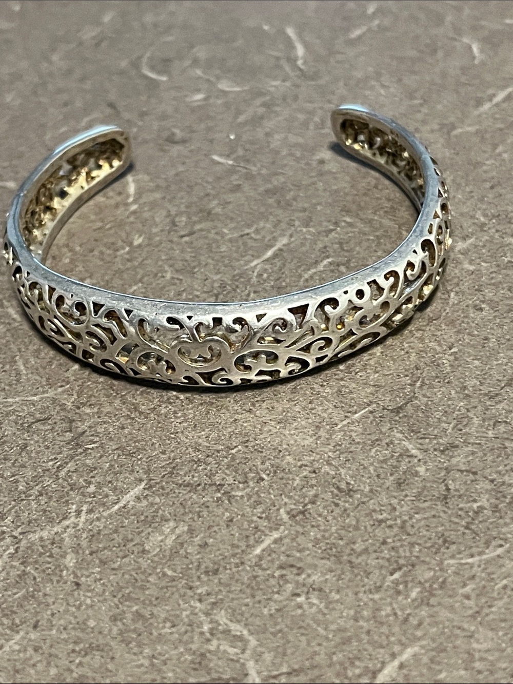 925 marked Elegant Filigree Open Cuff Bracelet - Silver